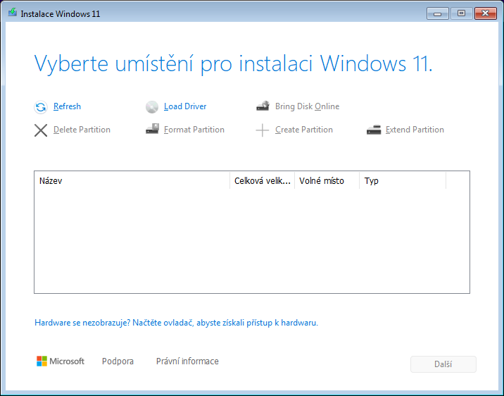 Vyberte umístění pro instalaci Windows 11