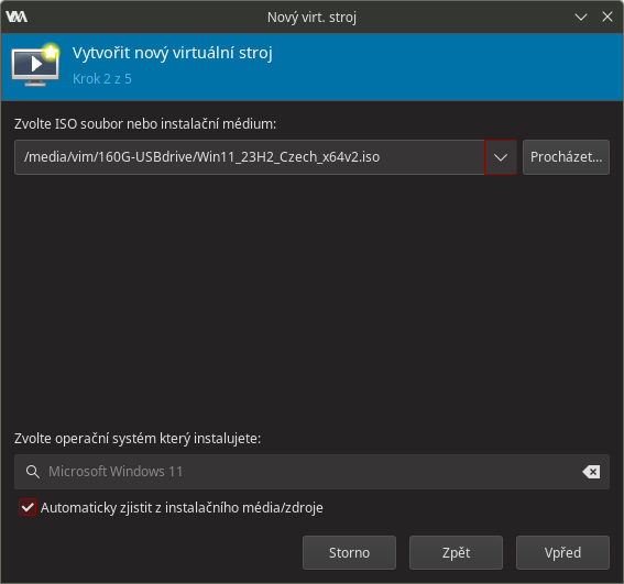 Zvolte ISO soubor nebo instalační médium