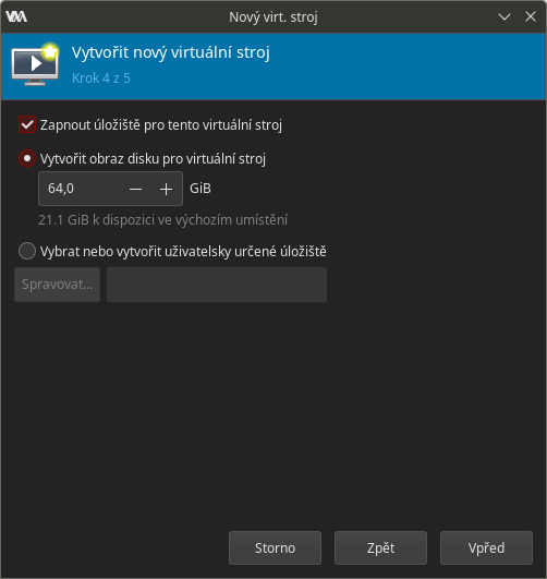 Vytvoření úložiště pro virtuální stroj