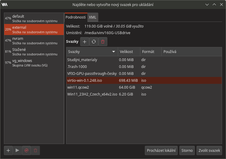 Výběr image s ovladači VirtIO