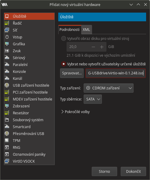 Přidání virtuálního CDROMu - dokončení