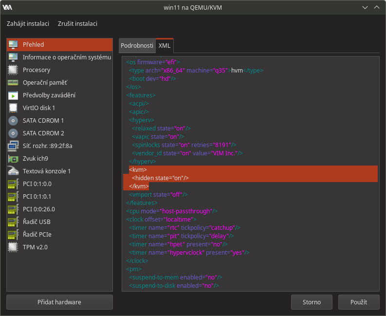 XML virtuálního stroje - element kvm, hidden state=on