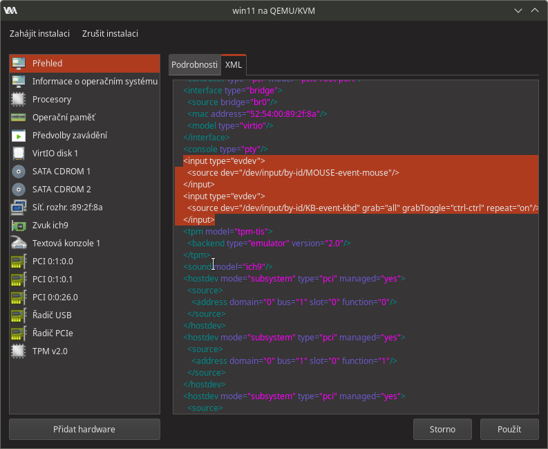 XML virtuálního stroje - vstupní zařízení typu evdev