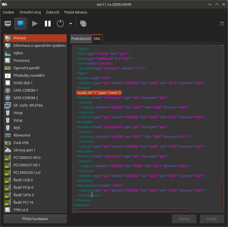 XML virtuálního stroje - Audio zařízení před úpravou