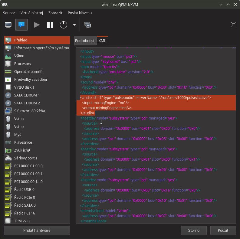 XML virtuálního stroje - Audio zařízení po úpravě pro PulseAudio